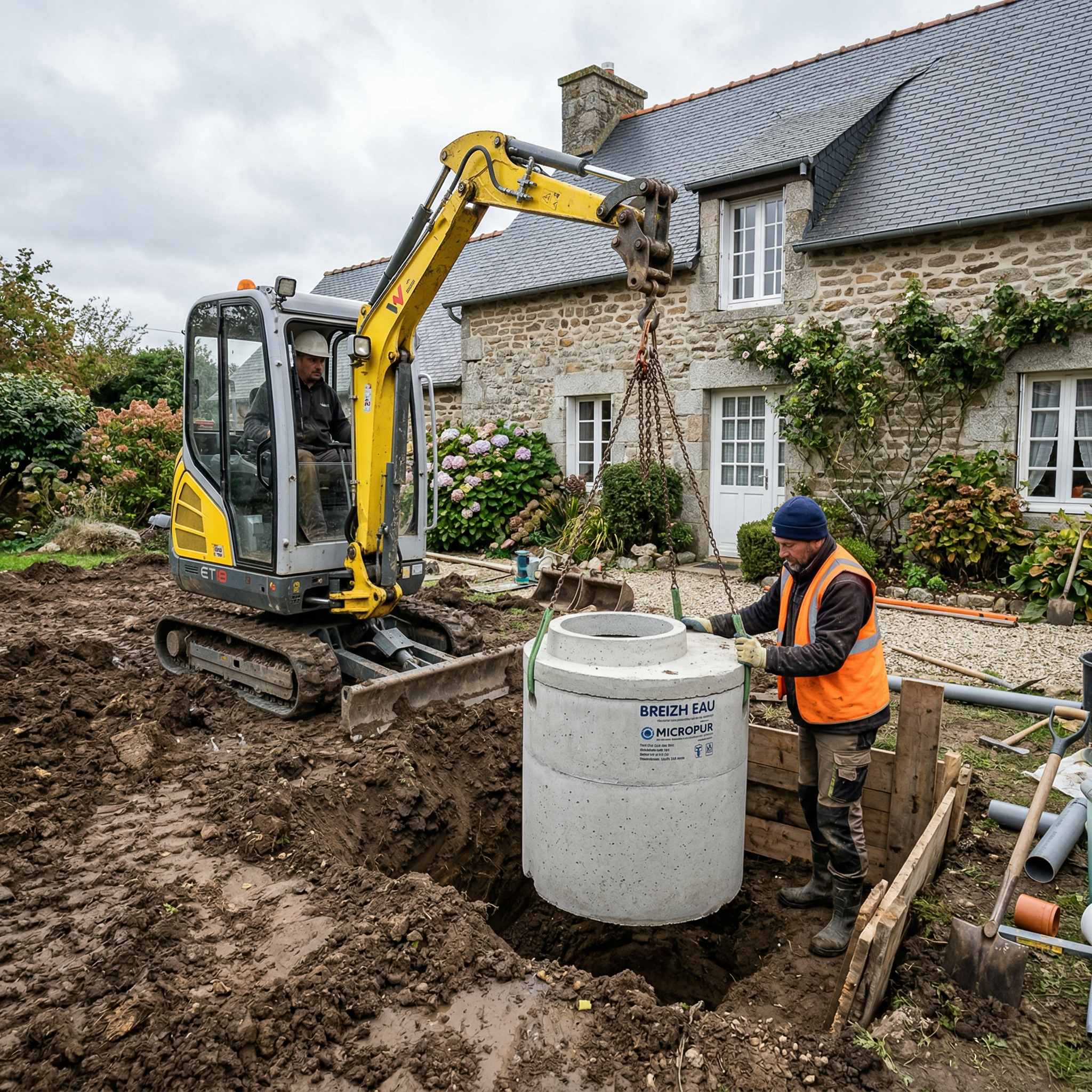 Installation d'une micro-station d'épuration devant une maison bretonne en pierre