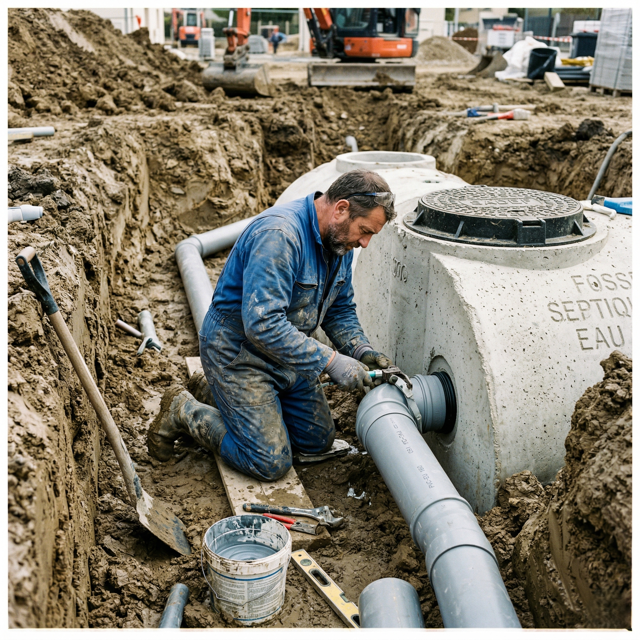 Artisan effectuant le raccordement d'une fosse septique sur un chantier d'assainissement