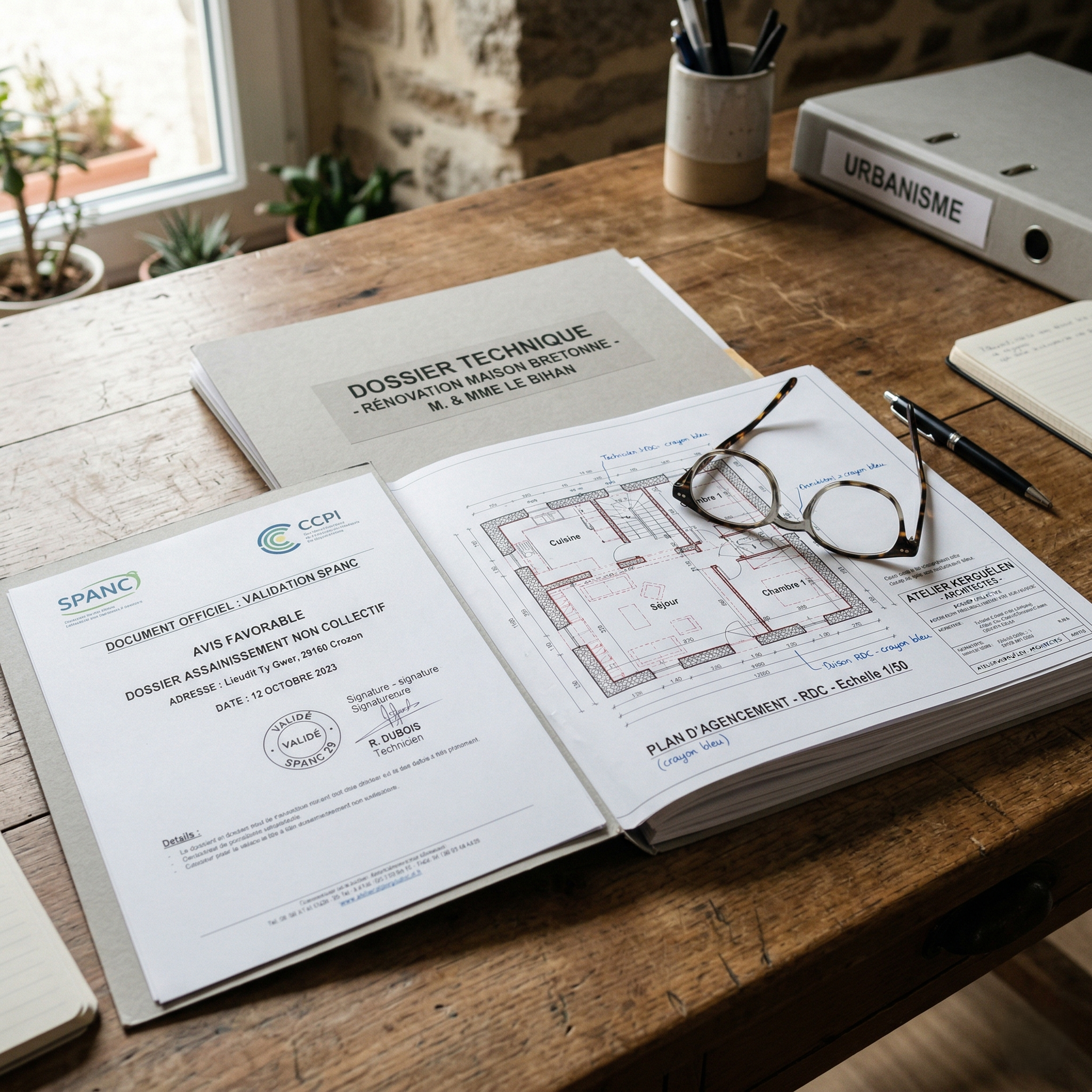 Dossier technique SPANC et plans d'assainissement non collectif sur un bureau